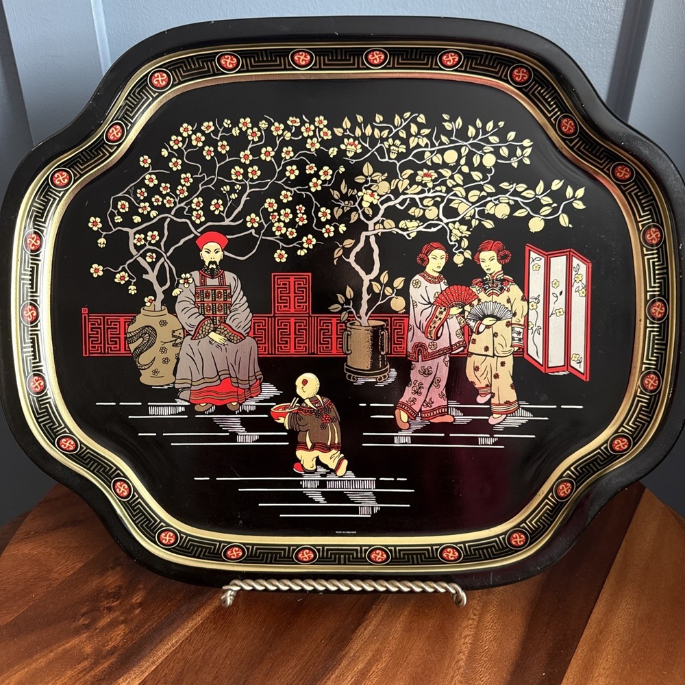 Vintage English Chinoiserie Metal Serving Tray‎ MTM Elite 16x13 Black Gold